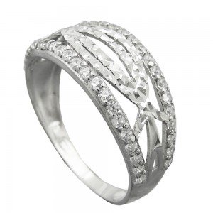 Ring mit Zirkonias glänzend diamantiert rhodiniert 925 Silber Größe 56