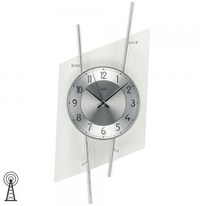 Funkwanduhr analog silbern modern Metall mit Glas