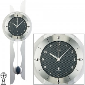 Funkwanduhr mit Pendel silbern Pendeluhr Carbon Optik