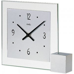 Tischuhr Quarz analog silbern modern eckig mit Glas und Aluminium