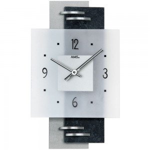 Wanduhr Quarz analog silbern modern mit Schiefer und Gals Schieferuhr