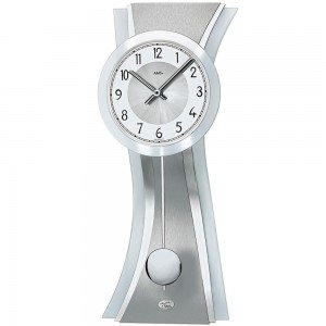 Wanduhr Quarz mit Pendel silbern modern geschwungen Pendeluhr mit Glas