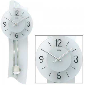 Wanduhr Quarz mit Pendel silbern modern geschwungen Pendeluhr mit Mineralglas