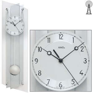 Funkwanduhr mit Pendel silbern Pendeluhr Glas Aluminium