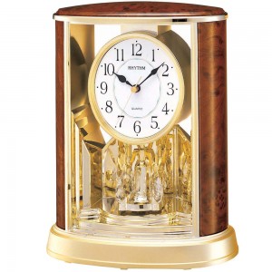 Tischuhr Quarz analog mit Drehpendel golden Holznachbildung