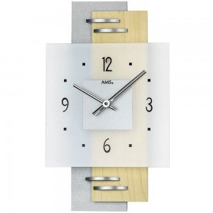 Wanduhr Quarz analog silbern modern Holz Ahorn mit Aluminium und Glas