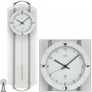 Funkwanduhr mit Pendel silbern modern Pendeluhr mit Glas silber weiß