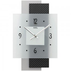 Wanduhr Quarz analog silbern modern mit Carbon Applikation und Glas