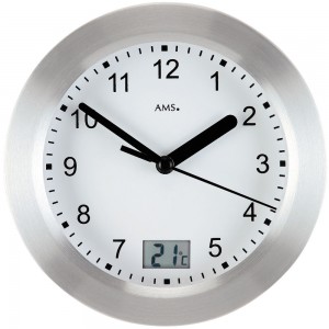Wanduhr Tischuhr Badezimmeruhr Quarz silbern rund Thermometer