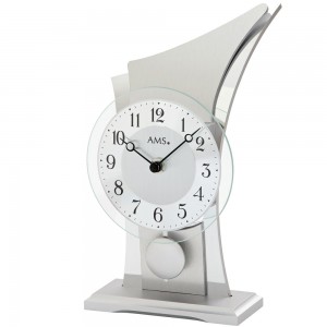 Tischuhr Quarz mit Pendel golden modern geschwungen mit Glas Aluminium