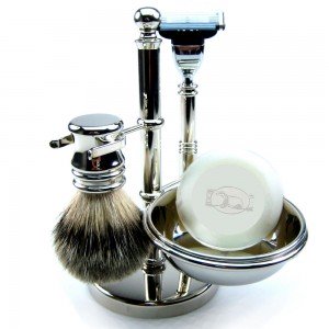 Golddachs Rasierset mit Seifenschale, 4-teilig, Pinsel mit Dachs-Zupfhaar
