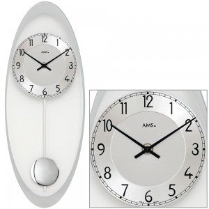 Wanduhr Quarz mit Pendel silbern oval Pendeluhr mit Glas und Aluminium