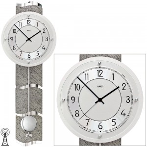 Funkwanduhr mit Pendel silbern Pendeluhr mit Stein Optik