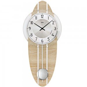Wanduhr Quarz mit Pendel oval Holz Sonoma Optik mit Aluminium und Glas
