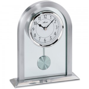 Tischuhr Quarz analog silbern mit Pendel und Glas Pendeluhr