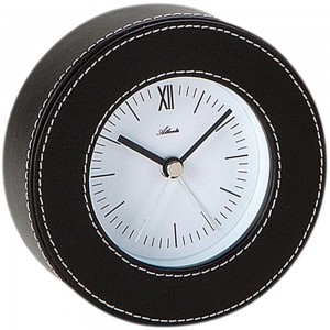 Wecker Quarz analog in Leder-Optik schwarz rund