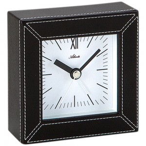 Wecker Quarz analog in Leder-Optik schwarz eckig