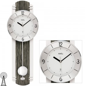 AMS Wanduhr Funk Funkwanduhr mit Pendel schwarz graue Holz Optik Pendeluhr