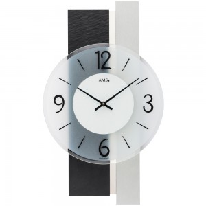 AMS Wanduhr Quarz analog silbern modern mit Schiefer und Glas