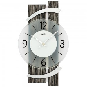 AMS Wanduhr Quarz analog modern schwarz graue Holz Optik mit Aluminium