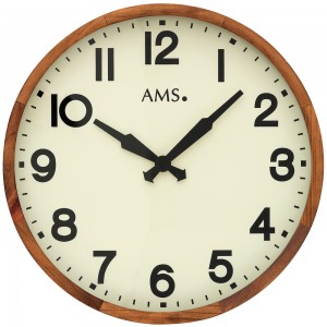 AMS Wanduhr Quarz analog Holz Holzrahmen massiv antik creme farben mit Glas