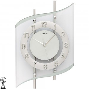 AMS Wanduhr Funk Funkwanduhr analog silbern modern geschwungen mit Glas