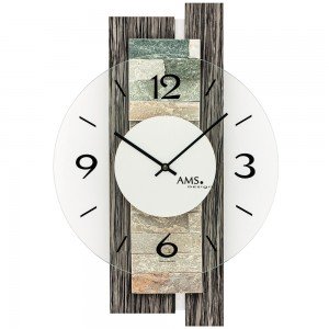 AMS Wanduhr Quarz analog modern graue Holz Optik mit Naturstein und Glas