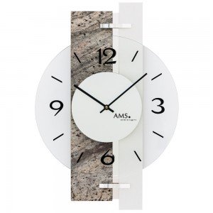 AMS Wanduhr Quarz analog silbern Naturstein-Optik mit Aluminium und Glas
