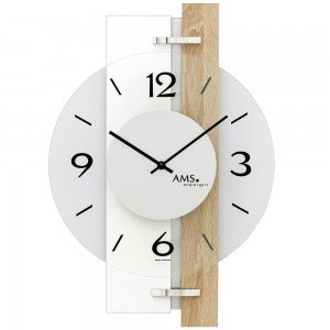 AMS Wanduhr Quarz Hochglanz weiß Holz Sonoma Optik mit Aluminium und Glas