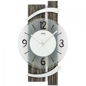 AMS Wanduhr Quarz analog modern schwarz graue Holz Optik mit Aluminium