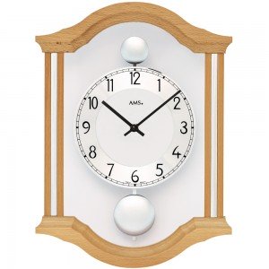 AMS Wanduhr Quarz analog Pendel Doppelpendel Holz Buche massiv mit Glas