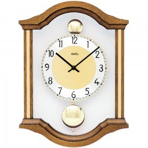 AMS Wanduhr Quarz analog Pendel Doppelpendel Holz Eiche massiv mit Glas