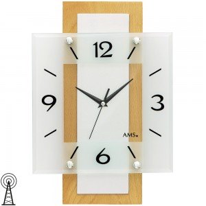 AMS Wanduhr Funk Funkwanduhr analog Holz Buche massiv eckig mit Glas