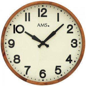 AMS Wanduhr Quarz analog Holz Holzrahmen massiv antik creme farben mit Glas