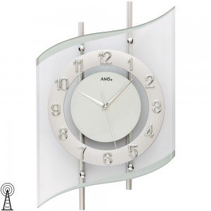 AMS Wanduhr Funk Funkwanduhr analog silbern modern geschwungen mit Glas
