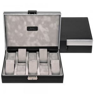 Uhrenetui Uhrenkasten Uhrenbox CARVON schwarz silbern für 10 Uhren