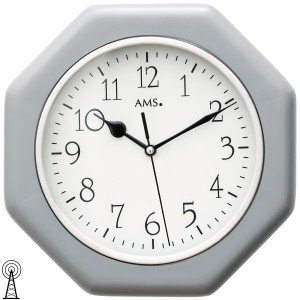 Wanduhr Funk Funkwanduhr analog Holzgehäuse grau achteckig