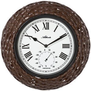Wanduhr Quarz analog braun Geflecht-Optik mit Thermometer