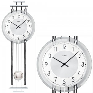 AMS 7464 Wanduhr Quarz mit Pendel Pendeluhr silbern mit Holz und Glas