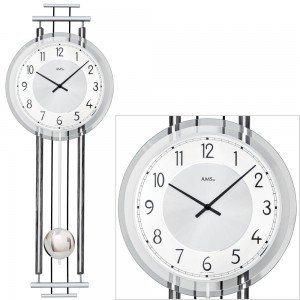 AMS 7464 Wanduhr Quarz mit Pendel Pendeluhr silbern mit Holz und Glas
