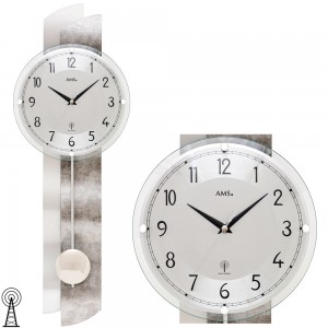 AMS 5321 Wanduhr Funk Funkwanduhr mit Pendel Pendeluhr silbern