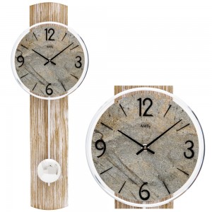 AMS 7465 Wanduhr Quarz mit Pendel Pendeluhr Holz Fichte-Optik und Stein-Optik