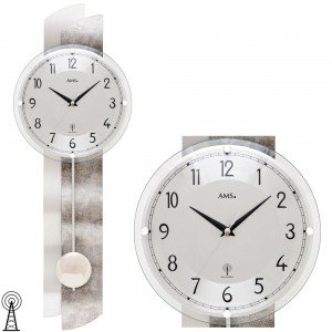 AMS 5321 Wanduhr Funk Funkwanduhr mit Pendel Pendeluhr silbern