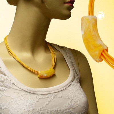 Collier Halskette Rohr flach-gebogen gelb-marmor 45cm