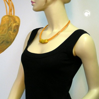 Collier Halskette Rohr flach-gebogen gelb-oliv 45cm