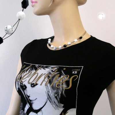 Collier Halskette Perle weiß mit Fäden schwarz 45cm