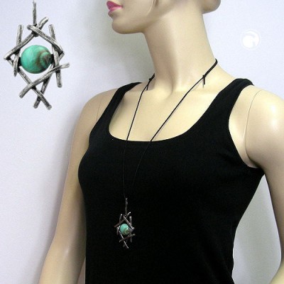 Halskette Zinn Gitter mit türkis 90cm