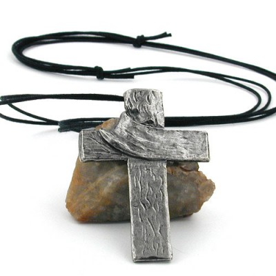 Halskette Anhänger Zinn Kreuz mit Tuch 110cm