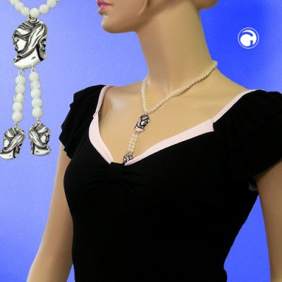 Collier Halskette Cameè beige-schwarz Perlen 45cm