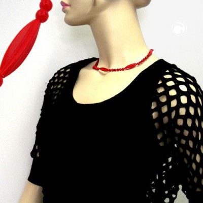 Halskette Rillenolive und Perle rot 42cm